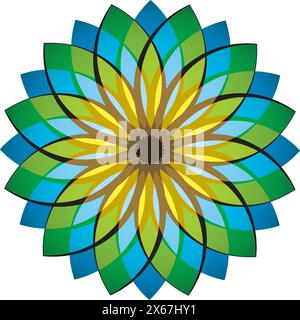 Symmetrical and radiant Mandala illustration with shades of green, yellow, blue, and brown Stock Vector