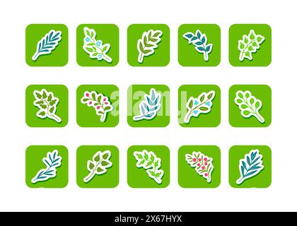 Bright summer leaves and twigs, sticker sheet Stock Vector