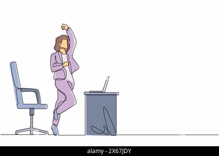 Single continuous line drawing happy businesswoman jumping and dancing on the her workplace. Female manager celebrating success of increasing company Stock Vector