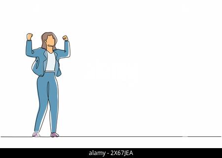 Continuous one line drawing happy businesswoman standing with raised her clenched hands. Female manager celebrating success of increasing company prod Stock Vector