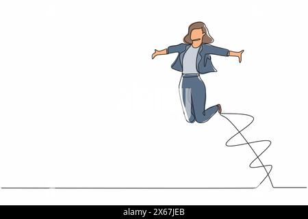 Single one line drawing happy businesswoman jump with raised his legs and spread his arms. Female manager celebrating success of increasing company's Stock Vector