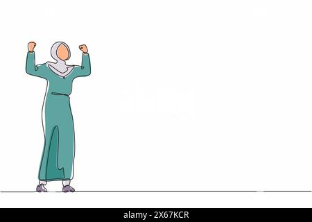 Single continuous line drawing happy Arab businesswoman standing with raised her clenched hands. Female manager celebrating success of increasing comp Stock Vector