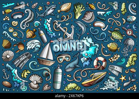 Colorful vector hand drawn doodle cartoon set of Diving theme items, objects and symbols Stock Vector