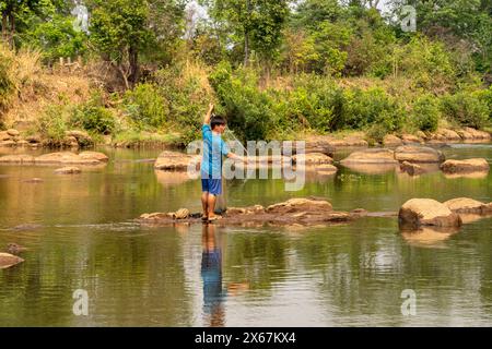 Fishermen on the Tad Lo River near Ban Baktheung village in the Bolaven Plateau, Laos, Asia Stock Photo