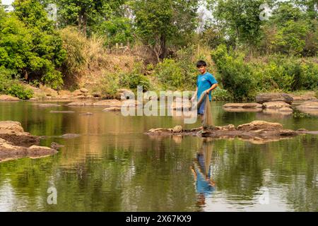 Fishermen on the Tad Lo River near Ban Baktheung village in the Bolaven Plateau, Laos, Asia Stock Photo