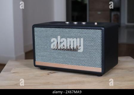 Nice, France - 27.01.2024: Marshall sound system in the interior on a wooden table Stock Photo