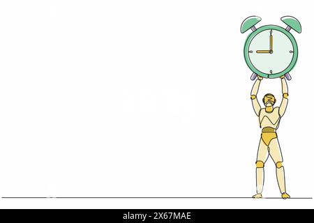 Single continuous line drawing robots lifting up big alarm clock. Modern robotics artificial intelligence technology. Electronic technology industry. Stock Vector