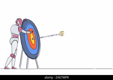 Single continuous line drawing robots hugging huge target with arrow on target. Modern robotics artificial intelligence technology. Electronic technol Stock Vector