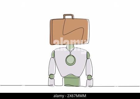 Continuous one line drawing robot with briefcase instead of head. Future technology development. Artificial intelligence machine learning process. Sin Stock Vector