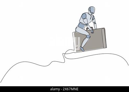 Single continuous line drawing robot riding and flying with briefcase rockets. Humanoid robot cybernetic organism. Future robotics development concept Stock Vector