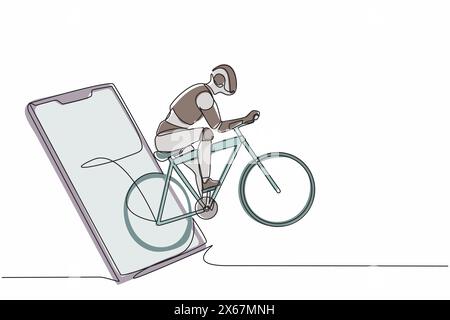 Single continuous line drawing robots come out from cellular phone and pedaling a road bike. Modern robotics artificial intelligence technology. Elect Stock Vector