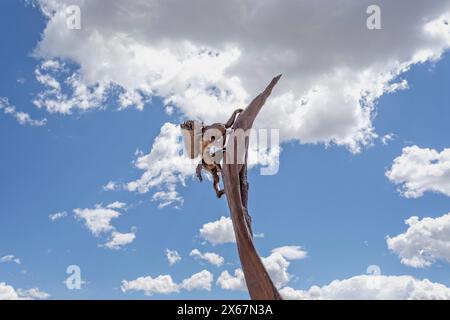 Sculpture of an ancestral Puebloan climbing up a cliff face called The Ancient One, outside the Mesa Verde National Park visitor center, Colorado, USA Stock Photo