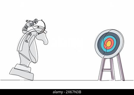 Single one line drawing robot holding archery aiming target while riding chess knight horse. Future technology. Artificial intelligence machine learni Stock Vector