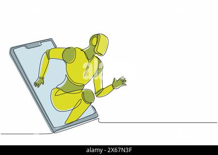 Single continuous line drawing robots come out from cellular phone with runner pose. Modern robotics artificial intelligence technology. Electronic te Stock Vector