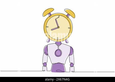 Continuous one line drawing robot with alarm clock instead of head. Future technology development. Artificial intelligence and machine learning proces Stock Vector