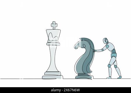 Continuous one line drawing robots push huge knight horse chess piece to take down king. Humanoid robot cybernetic organism. Future robotics developme Stock Vector
