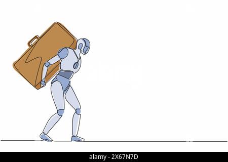 Continuous one line drawing robots standing and carrying heavy huge briefcase. Humanoid robot cybernetic organism. Future robotics development concept Stock Vector