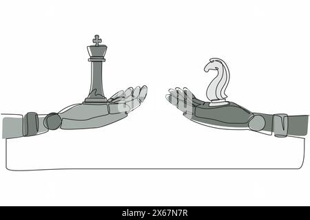 Single continuous line drawing robots hands with king and horse chess pieces. Modern robotics artificial intelligence technology. Electronic technolog Stock Vector