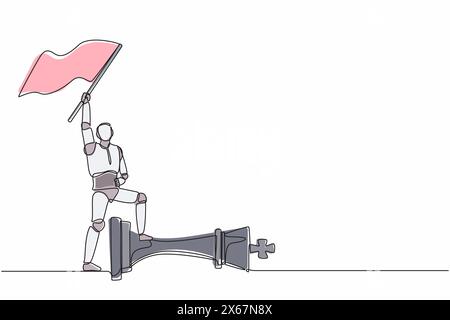 Single continuous line drawing robots holding flag and defeat chess king. Modern robotics artificial intelligence. Electronic technology industry. One Stock Vector