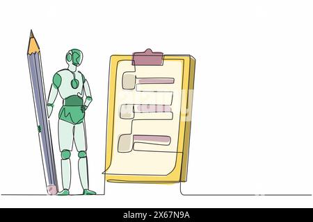 Single continuous line drawing robots holding big pencil and looking clipboard. Modern robotics artificial intelligence technology. Electronic technol Stock Vector