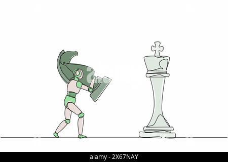 Continuous one line drawing robots holding knight chess piece to beat king chess. Humanoid robot cybernetic organism. Future robotics development. Sin Stock Vector