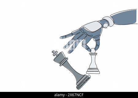 Continuous one line drawing robot hand holding chess pawn to take down chess king. Checkmate. Humanoid robot cybernetic organism. Future robotics deve Stock Vector