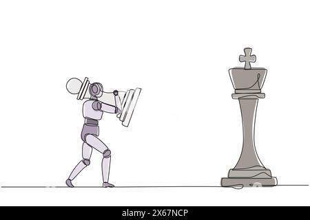 Single one line drawing robot holding pawn chess piece to beat king chess. Future technology development. Artificial intelligence machine learning pro Stock Vector