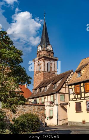 The Church of the Assumption or Notre-Dame de l'Assomption and half-timbered houses in Bergheim, Alsace, France Stock Photo