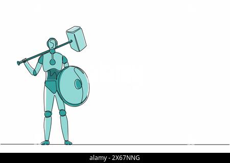 Single continuous line drawing robot standing holding hammer and shield. Modern robotics artificial intelligence technology. Electronic technology ind Stock Vector