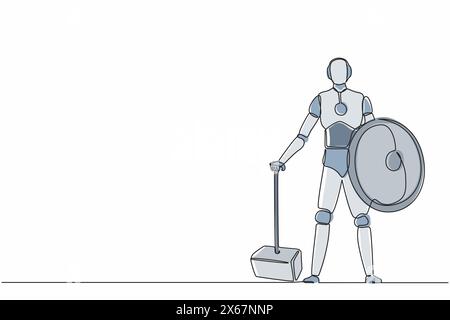 Continuous one line drawing robots stands holding big hammer and shield. Humanoid robot cybernetic organism. Future robotics development concept. Sing Stock Vector