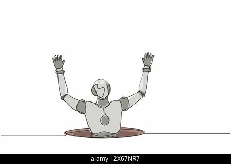 Single continuous line drawing robot fell into manhole underground sewer. Robot fell into sewage. Robotic artificial intelligence. Electronic technolo Stock Vector