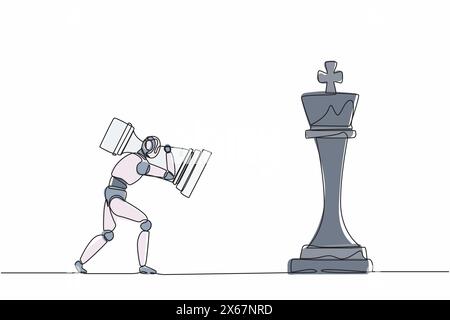 Single one line drawing robot holding rook chess piece to beat king chess. Future technology development. Artificial intelligence machine learning pro Stock Vector