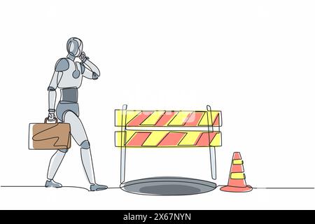 Single continuous line drawing robot talking on cell phone, he does not see hole in front. Robotic artificial intelligence technology. Electronic tech Stock Vector