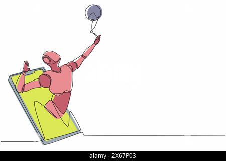 Single one line drawing robot come out from cellular phone and doing smash volleyball. Future technology development. Artificial intelligence, machine Stock Vector