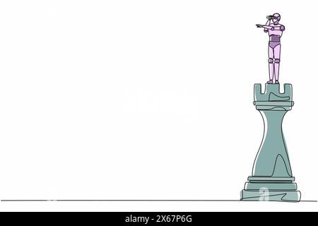 Single one line drawing robot on top of big rook chess piece using monocular. Future technology development. Artificial intelligence and machine learn Stock Vector