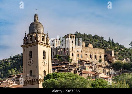 the church Chiesa di Sant'Antonio Abate and the castle Castello dei Doria in Dolceacqua, Liguria, Italy, Europe Stock Photo