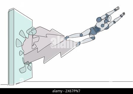 Continuous one line drawing robot punches and breaks the wall. Flying robot breaks the wall. Humanoid robot cybernetic organism. Future robotic. Singl Stock Vector