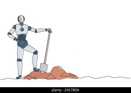 Single continuous line drawing happy robot standing near digging hole after work. Robotic artificial intelligence. Electronic technology industry. One Stock Vector