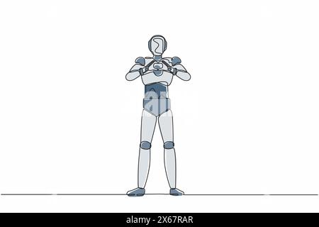 Single one line drawing robot making or gesturing heart symbol with fingers in front of chest. Future technology. Artificial intelligence machine lear Stock Vector