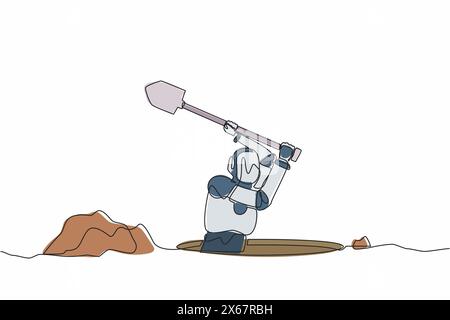 Continuous one line drawing robot digging in dirt using shovel. Humanoid robot cybernetic organism. Future robotics development. Treasure digging. Sin Stock Vector