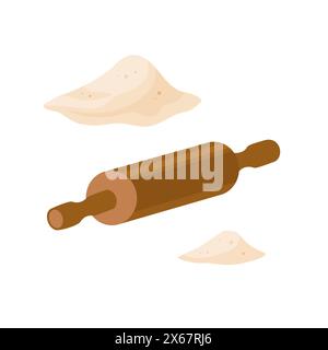 Wood Rolling pin with Wheat Flour in cartoon style, vector illustration on white background. Piles of flour. Flour piles, plunger in cartoon style. Vector illustration isolated on white background. Stock Vector