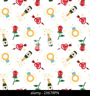 Engagement, wedding seamless pattern. Courtship Design vector elements texture. Wrapping paper. Romantic doodle vector background. Hand drawn cartoon style. Stock Vector