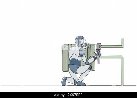 Continuous one line drawing robot plumber repairing and installation of batteries heater radiator. Humanoid robot cybernetic organism. Future robotic. Stock Vector