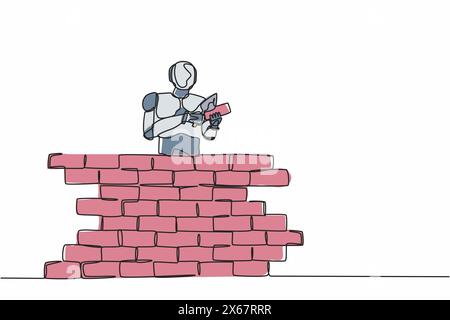 Single one line drawing robot repairman building brick wall. Future technology development. Artificial intelligence machine learning processes. Contin Stock Vector
