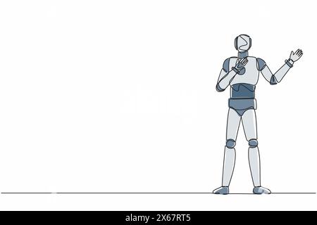 Single continuous line drawing robot pointing away hands together and showing or presenting something. Robotic artificial intelligence. Electronic tec Stock Vector