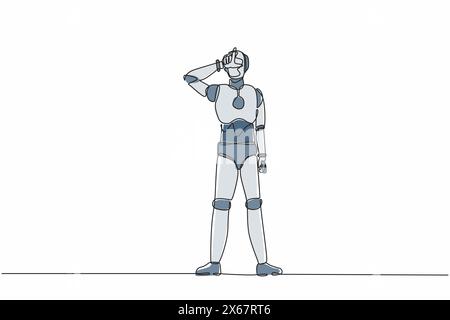 Continuous one line drawing robot making 'L' symbol, showing loser sign on forehead with fingers. Humanoid robot cybernetic organism. Future robotic. Stock Vector