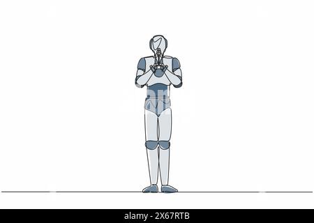 Single continuous line drawing robot holding palms in prayer. Robot emotion, body language gesture. Robotic artificial intelligence. Electronic techno Stock Vector