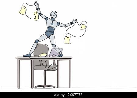 Single one line drawing happy robot dancing on desk celebrating win with throwing papers. Future technology. Artificial intelligence machine learning. Stock Vector
