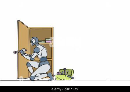 Continuous one line drawing robot carpenter is assembling of wardrobe or cabinet with shelves. Humanoid robot cybernetic organism. Future robotic. Sin Stock Vector