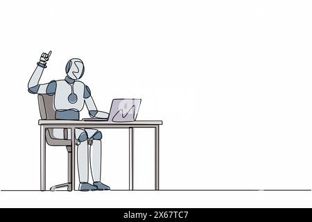 Single continuous line drawing robot getting bright new idea while working with laptop on desk. Robotic artificial intelligence. Electronic technology Stock Vector